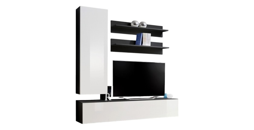 Meuble TV FLY H1 design, coloris noir et blanc brillant. Meuble suspendu moderne et tendance pour votre salon.