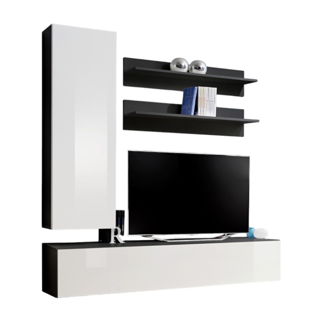 Meuble TV FLY H1 design, coloris noir et blanc brillant. Meuble suspendu moderne et tendance pour votre salon.