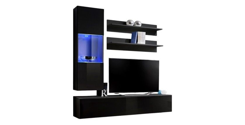 Meuble TV FLY H3 design, coloris noir brillant. Meuble suspendu moderne et tendance pour votre salon.