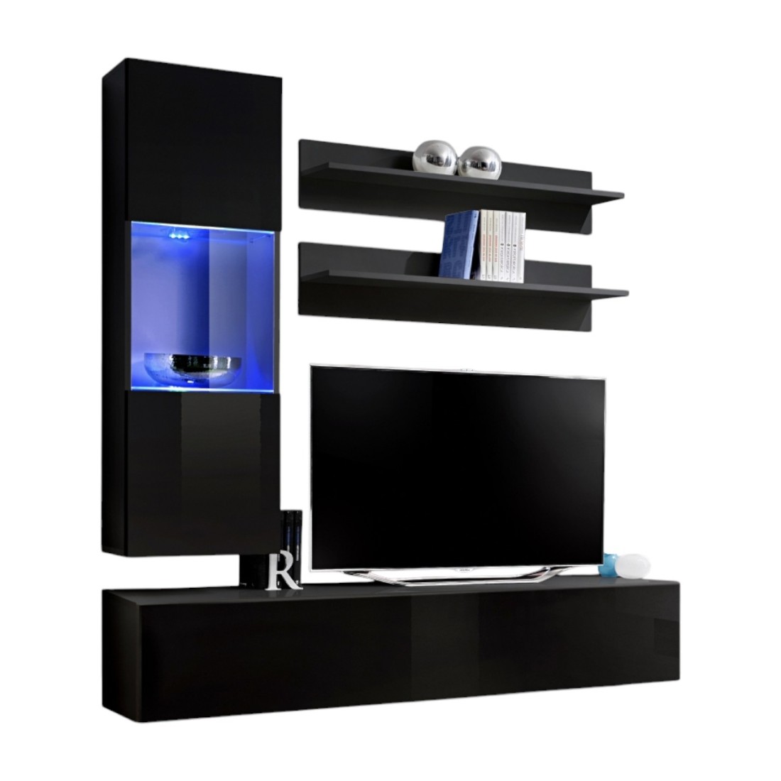 Meuble TV FLY H3 design, coloris noir brillant. Meuble suspendu moderne et tendance pour votre salon.