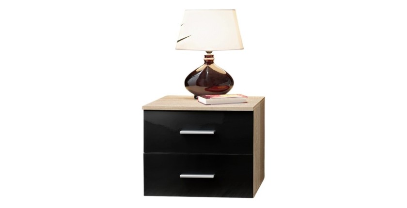 Table de chevet deux tiroirs, collection BALOS. Coloris chêne et noir brillant.