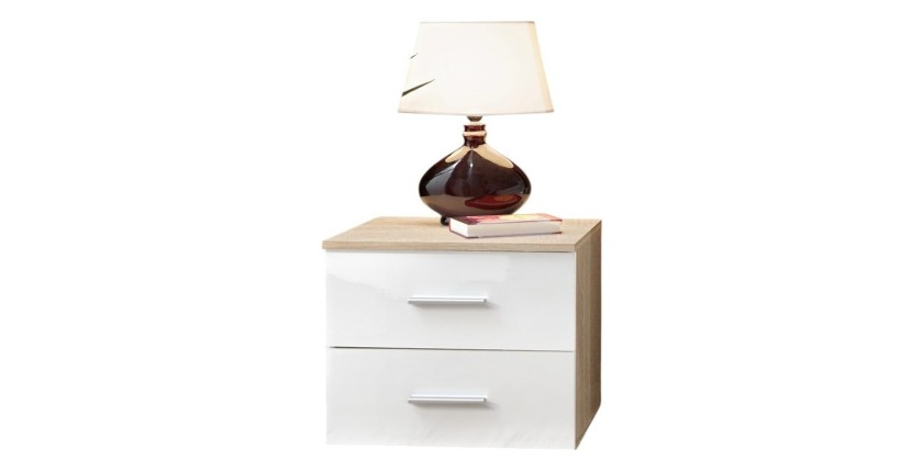 Table de chevet deux tiroirs, collection BALOS. Coloris chêne et blanc brillant.