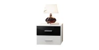 Table de chevet deux tiroirs, collection BALOS. Coloris blanc brillant et noir brillant.