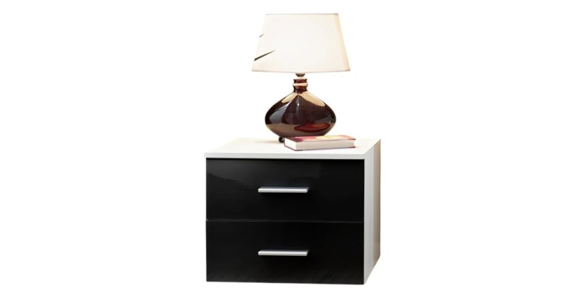 Table de chevet deux tiroirs, collection BALOS. Coloris blanc mat et noir brillant.