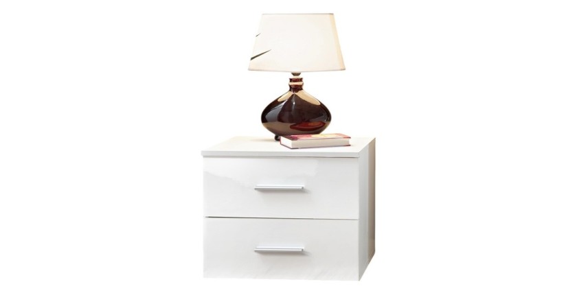 Table de chevet deux tiroirs, collection BALOS. Coloris blanc brillant.
