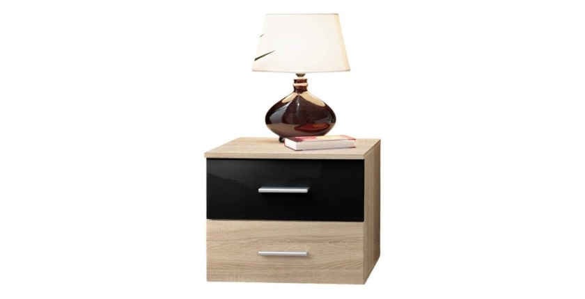 Mesita de noche con dos cajones, colección BALOS. Color roble y negro.
