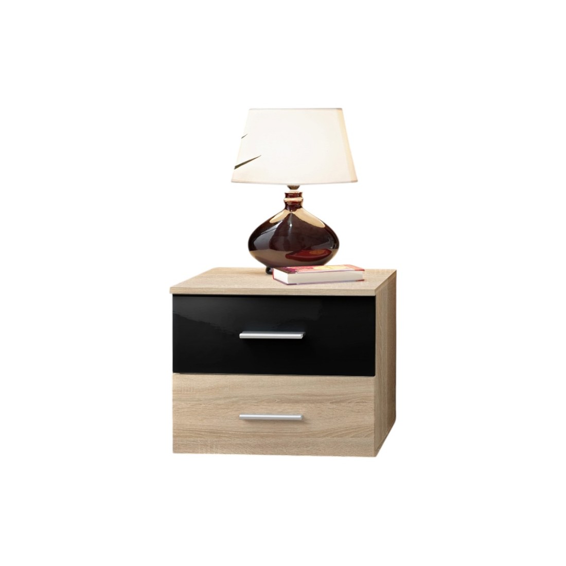 Mesita de noche con dos cajones, colección BALOS. Color roble y negro.
