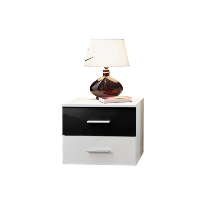 Table de chevet deux tiroirs, collection BALOS. Coloris blanc et noir.