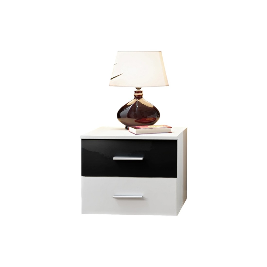 Table de chevet deux tiroirs, collection BALOS. Coloris blanc et noir.