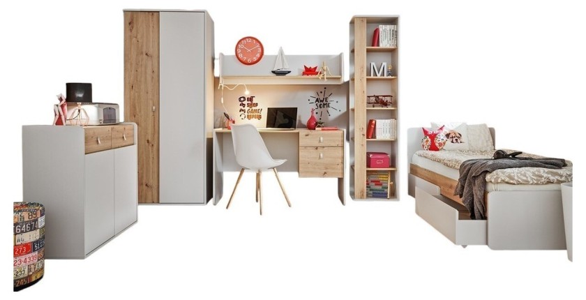 Chambre enfant ado BIBOU : armoire 2 portes, lit, bibliothéque, bureau, commode, étagére