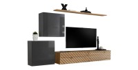 Ensemble de meubles design de salon SWITCH V, coloris gris et chêne. Finitions gris brillant et chêne fraisé.