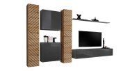 Conjunto de muebles de diseño para sala SWITCH VI. Color roble y gris acabado en roble efecto fresado y gris brillante.