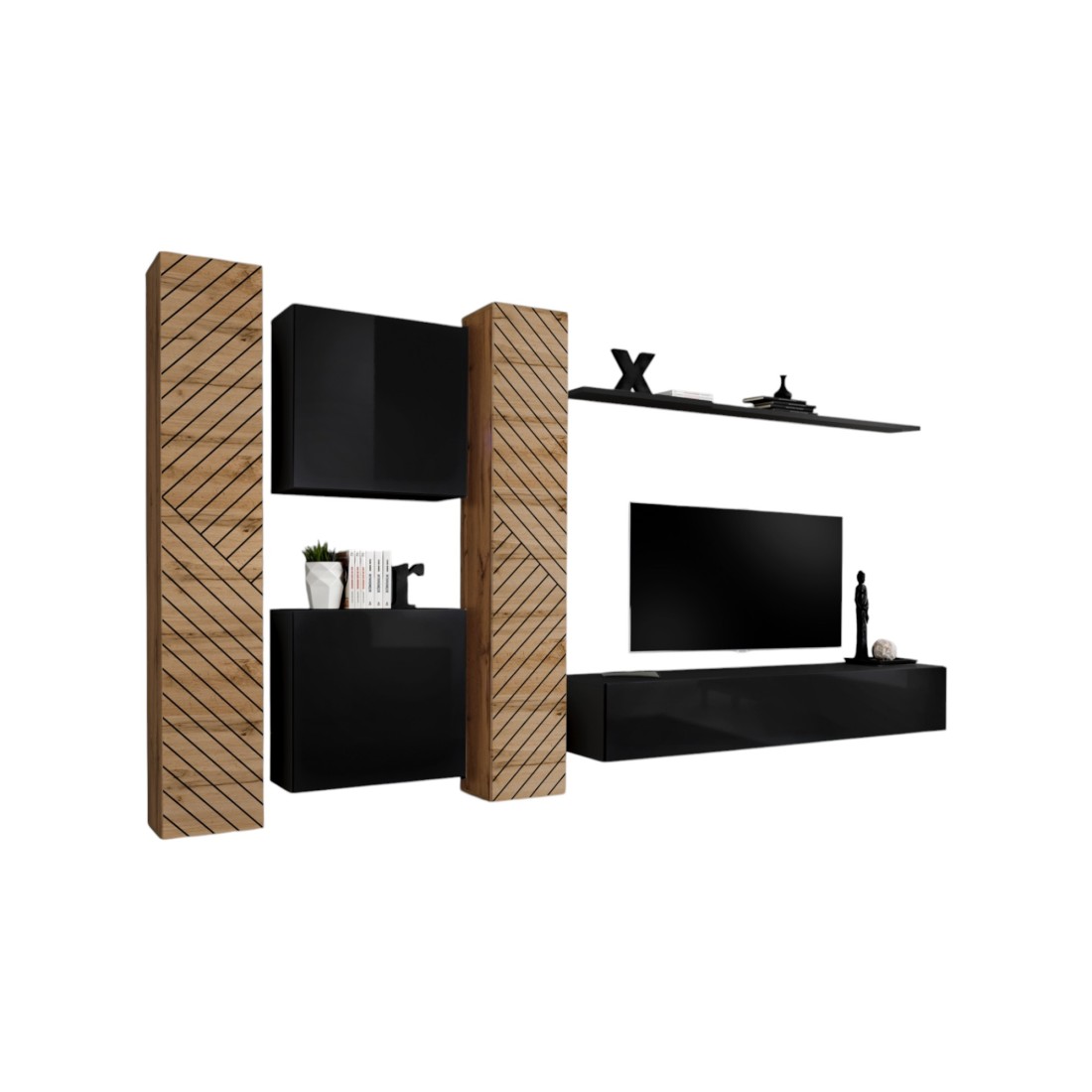 Ensemble de meubles design de salon SWITCH VI. Coloris chêne et noir finition chêne effet fraisé et noires brillantes.