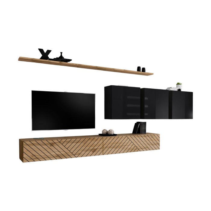 Ensemble de meubles de salon design collection SWITCH VII , coloris chêne finitions fraisées et noir brillant.