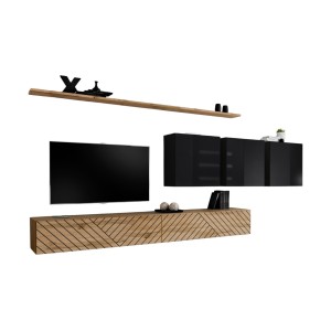 Set di mobili da soggiorno SWITCH VII – Quercia Wotan &amp; Nero lucido – Design moderno – 340 cm