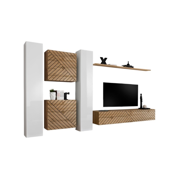 Ensemble meubles design salon SWITCH VI, blanc/chêne, finition blanches brillantes et chêne effet fraisé