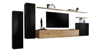Ensemble meuble salon SWITCH I design, coloris noir brillant et chêne Wotan.
