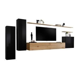 Ensemble meuble salon SWITCH I design, coloris noir brillant et chêne Wotan.