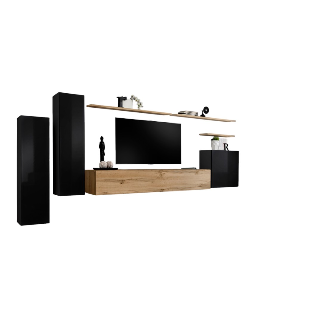 Ensemble meuble salon SWITCH I design, coloris noir brillant et chêne Wotan.