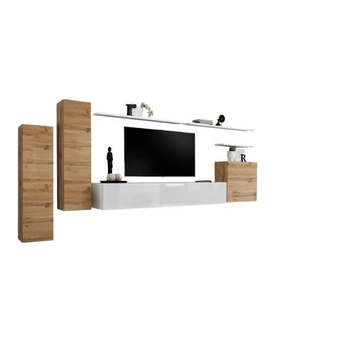 Ensemble de meubles de salon collection SWITCH I design, coloris chêne et blanc brillant.