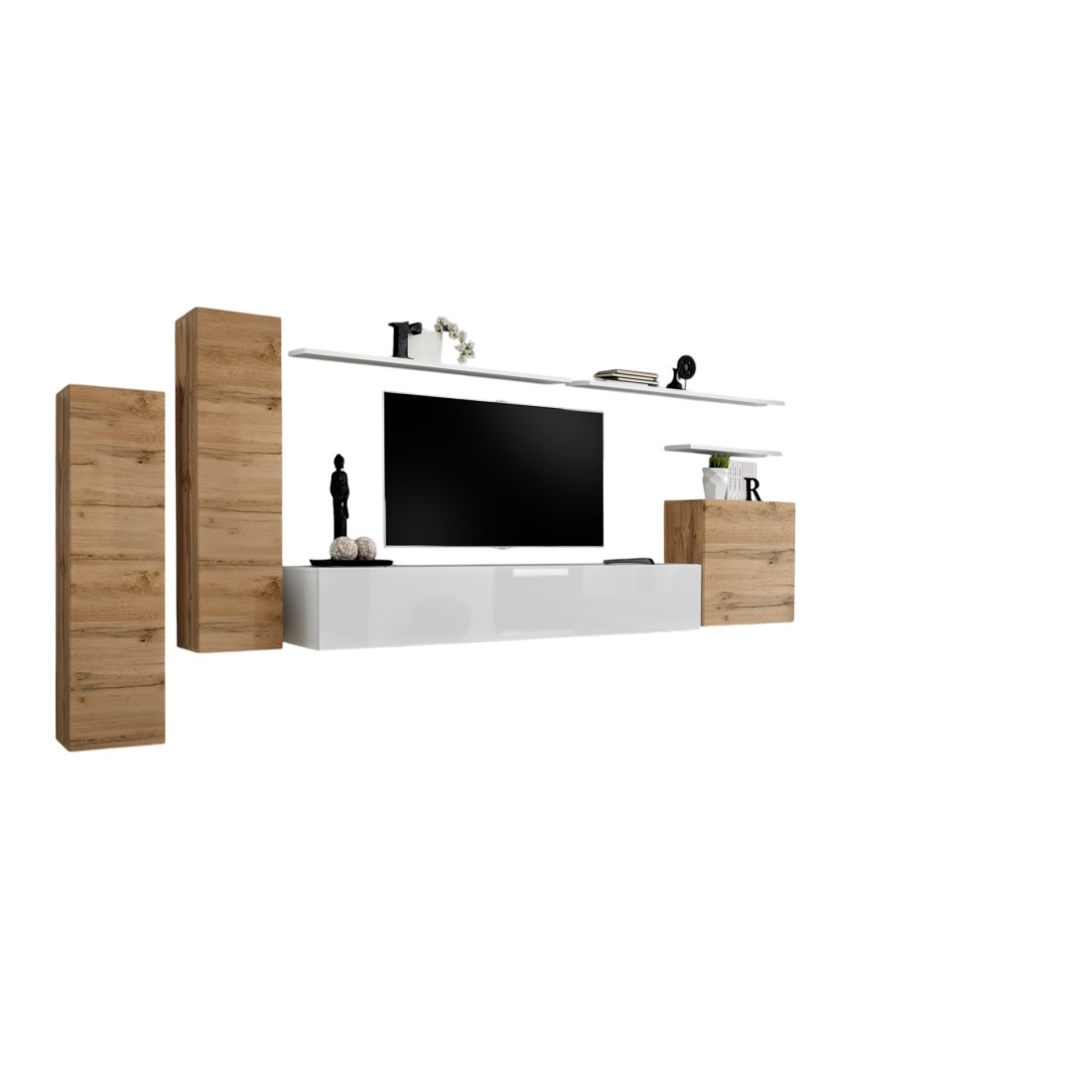 Ensemble de meubles de salon collection SWITCH I design, coloris chêne et blanc brillant.