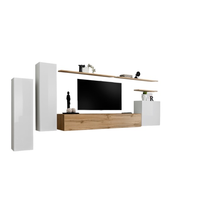 Ensemble de meubles de salon collection SWITCH I design, coloris blanc brillant et chêne Wotan.