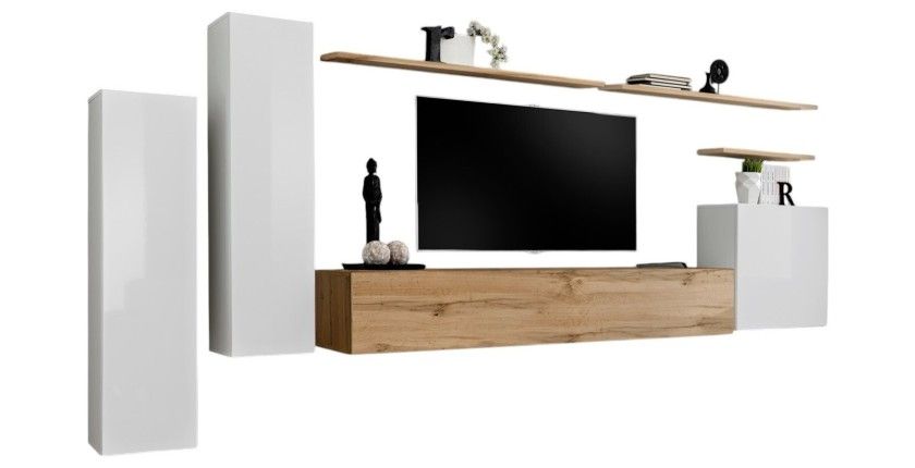 Ensemble de meubles de salon collection SWITCH I design, coloris blanc brillant et chêne Wotan.