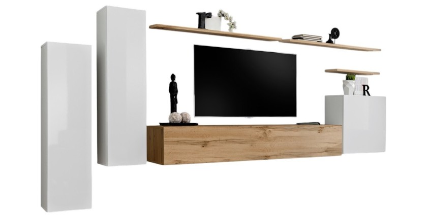 Ensemble de meubles de salon collection SWITCH I design, coloris blanc brillant et chêne Wotan.