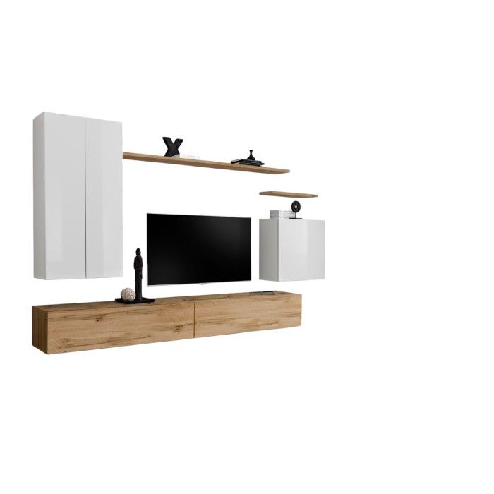 Ensemble de meubles de salon collection SWITCH II design, coloris blanc et chêne Wotan.