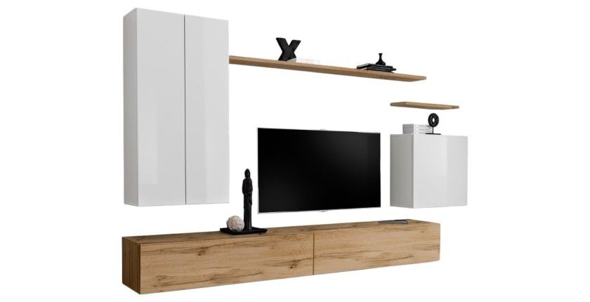 Ensemble de meubles de salon collection SWITCH II design, coloris blanc et chêne Wotan.
