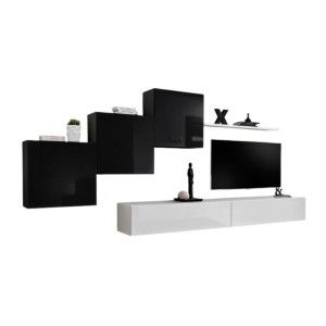 Ensemble meuble salon mural SWITCH X design, coloris blanc et noir brillant.