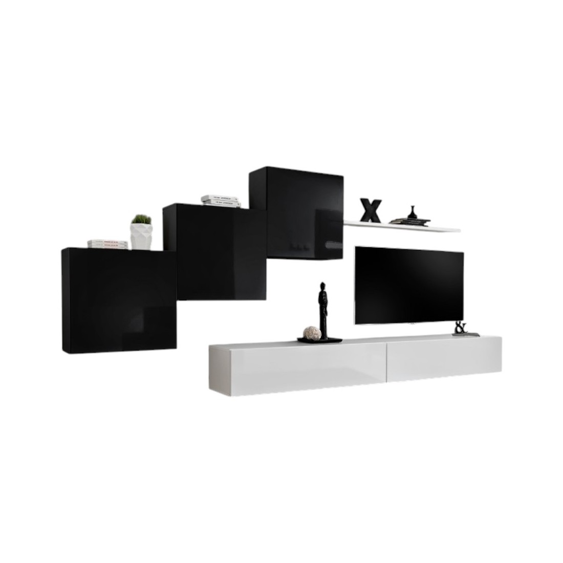 Ensemble meuble salon mural SWITCH X design, coloris blanc et noir brillant.