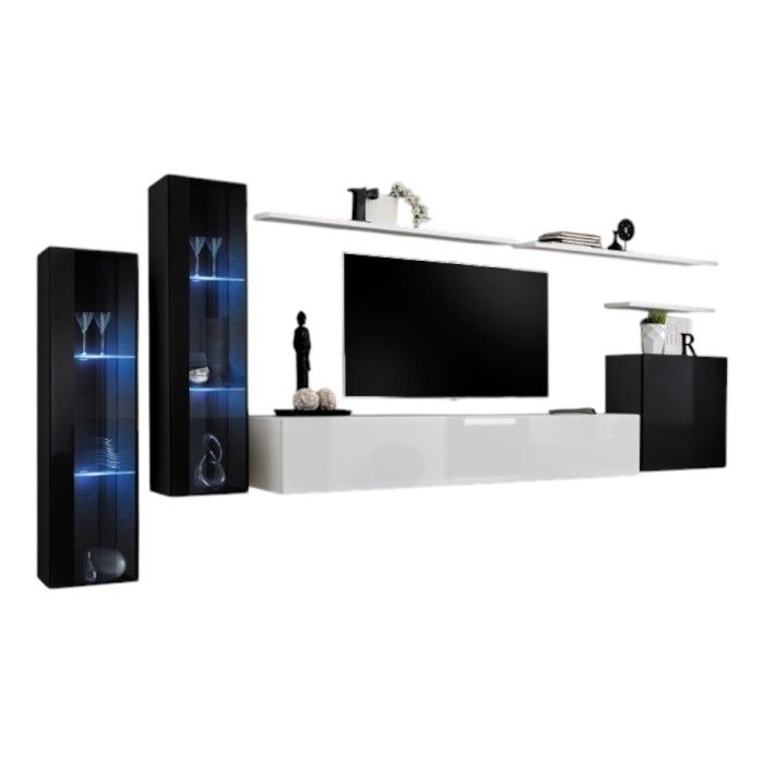Ensemble meuble salon mural SWITCH XI design, coloris noir et blanc brillant