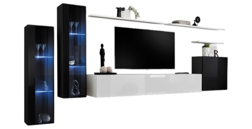 Conjunto de muebles de salón mural SWITCH XI de diseño, en colores negro y blanco brillante.