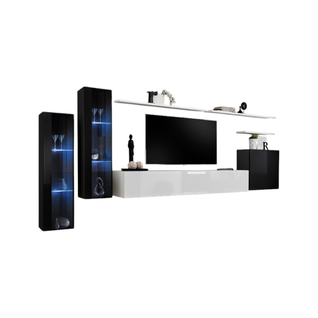 Conjunto de muebles de salón mural SWITCH XI de diseño, en colores negro y blanco brillante.