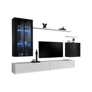 Ensemble meuble salon mural SWITCH XII design, coloris blanc et noir brillant.