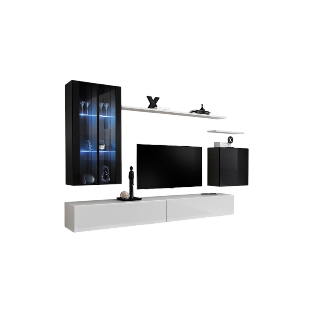Ensemble meuble salon mural SWITCH XII design, coloris blanc et noir brillant.