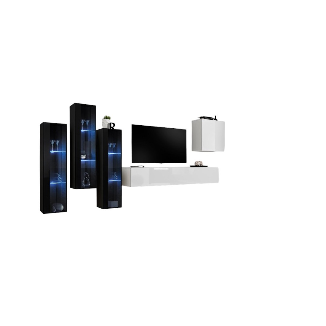 Ensemble meuble salon mural SWITCH XIII design, coloris blanc brillant et noir.