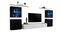 Ensemble meuble salon mural SWITCH XIV design, coloris blanc et noir brillant.