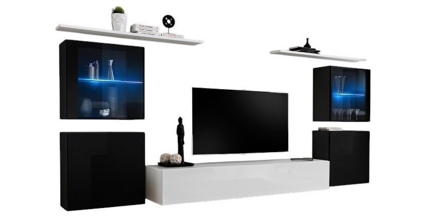 Ensemble meuble salon mural SWITCH XIV design, coloris blanc et noir brillant.