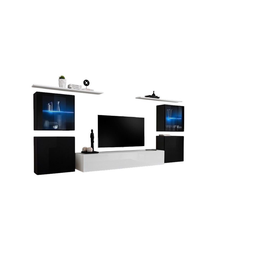 Ensemble meuble salon mural SWITCH XIV design, coloris blanc et noir brillant.