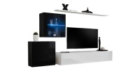 Ensemble meuble salon mural SWITCH XV design, coloris blanc et noir brillant.