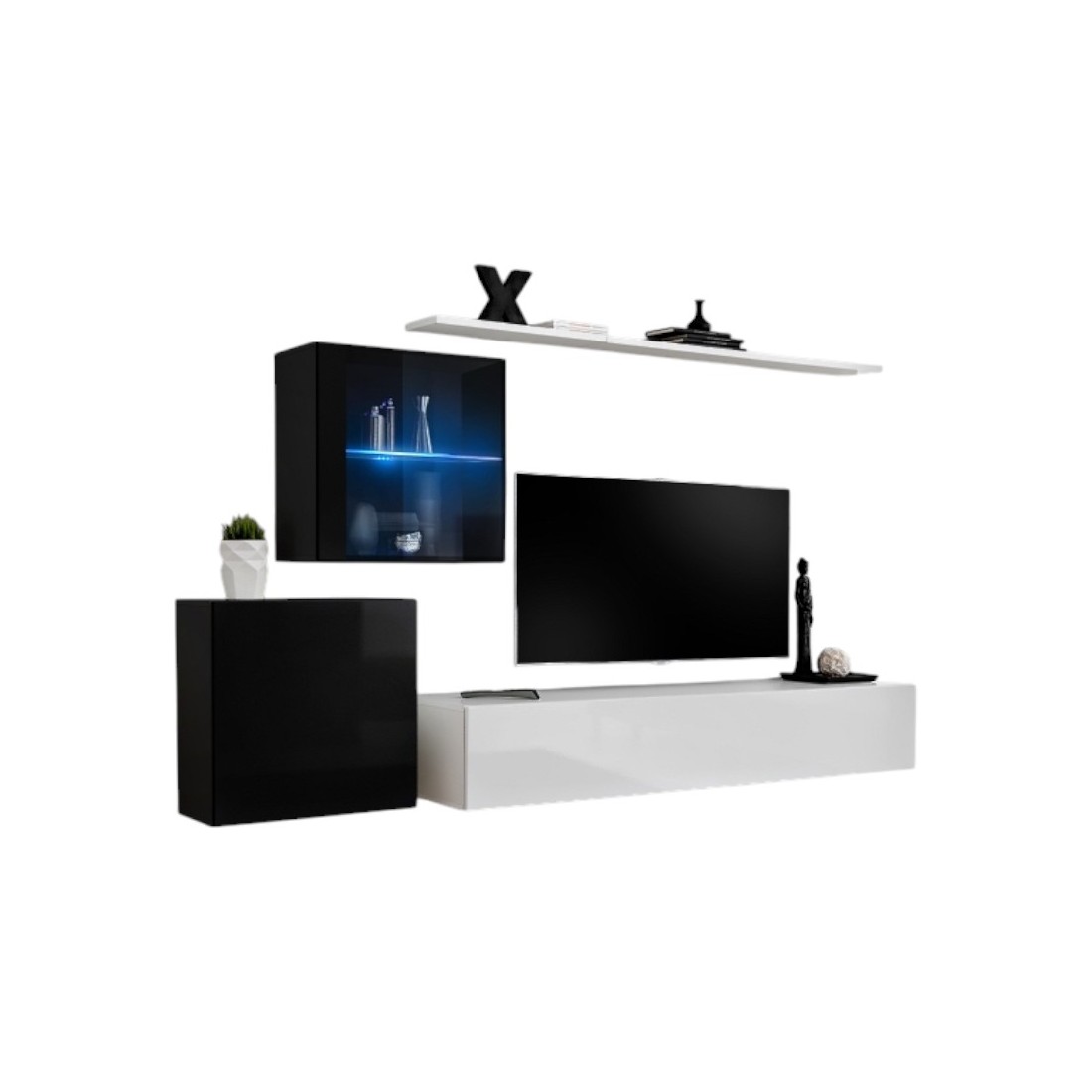 Ensemble meuble salon mural SWITCH XV design, coloris blanc et noir brillant.