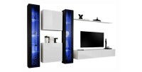 Ensemble meuble salon mural SWITCH XVI design, coloris blanc et noir brillant.