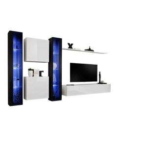 Ensemble meuble salon mural SWITCH XVI design, coloris blanc et noir brillant.