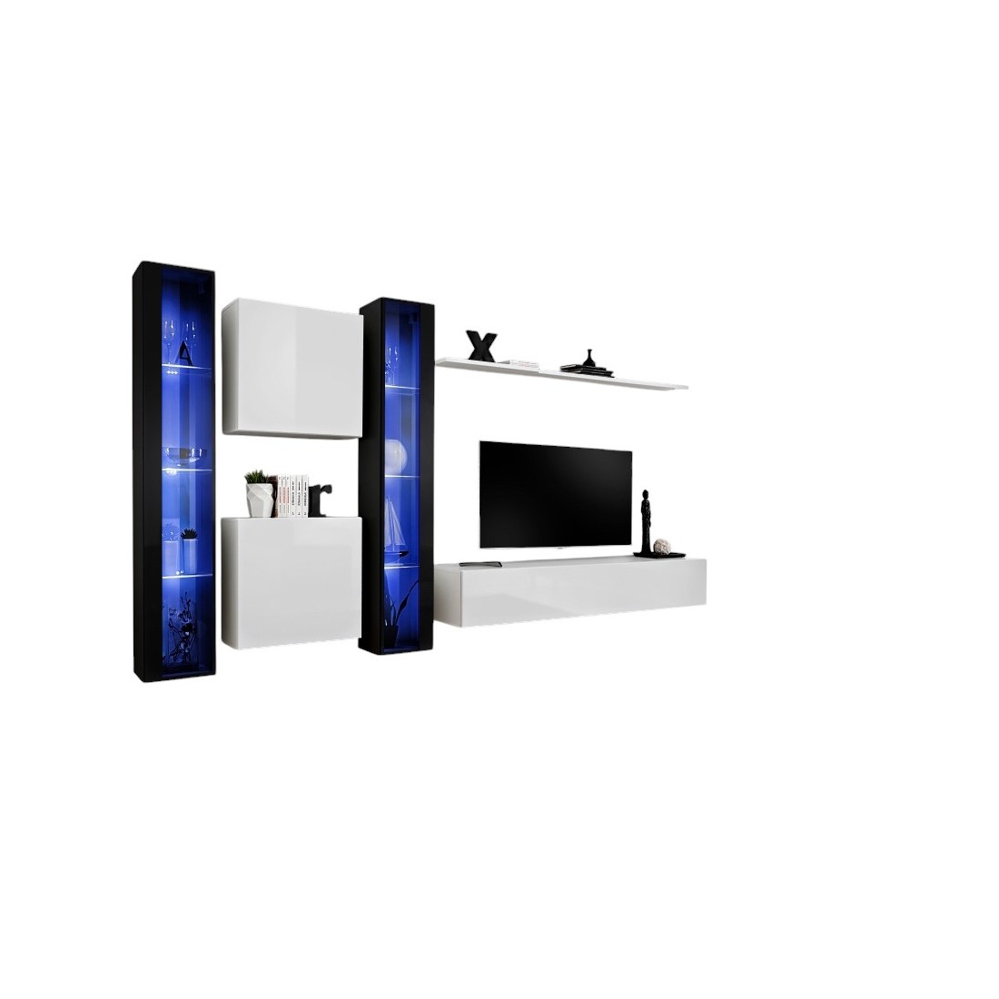 Ensemble meuble salon mural SWITCH XVI design, coloris blanc et noir brillant.