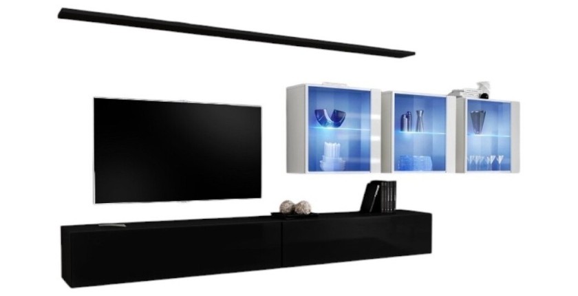 Ensemble meuble salon mural SWITCH XVII design, coloris noir et blanc brillant.