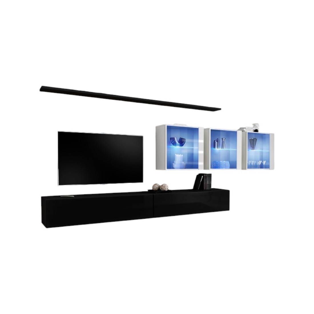 Ensemble meuble salon mural SWITCH XVII design, coloris noir et blanc brillant.