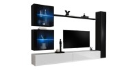 Ensemble meuble salon mural SWITCH XVIII design, coloris blanc et noir brillant.