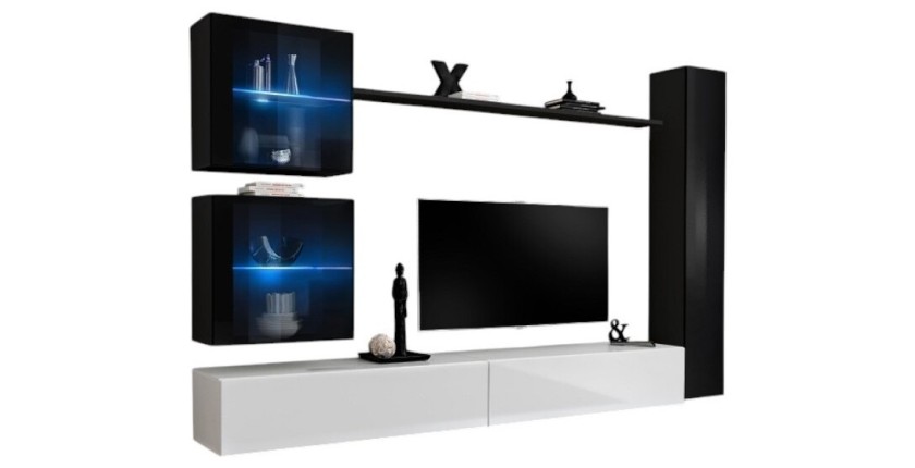 Ensemble meuble salon mural SWITCH XVIII design, coloris blanc et noir brillant.